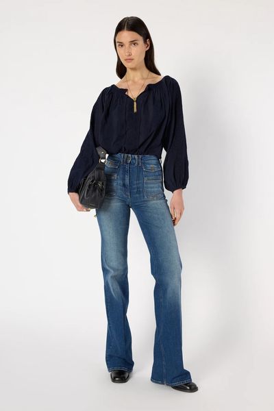 Alternative view of Bluza bleumarin brodata cu decolteu larg AGLAE
