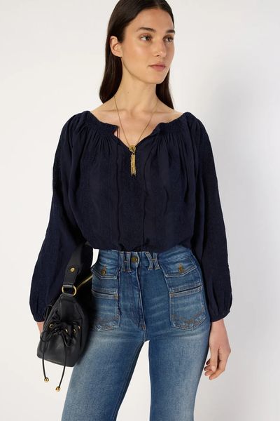 Bluza bleumarin brodata cu decolteu larg AGLAE