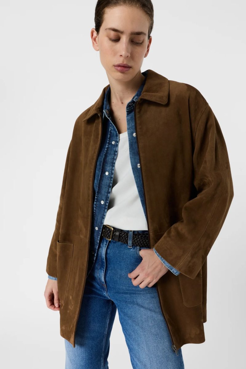 Palton din piele întoarsă cu fermoar camel - TILANE