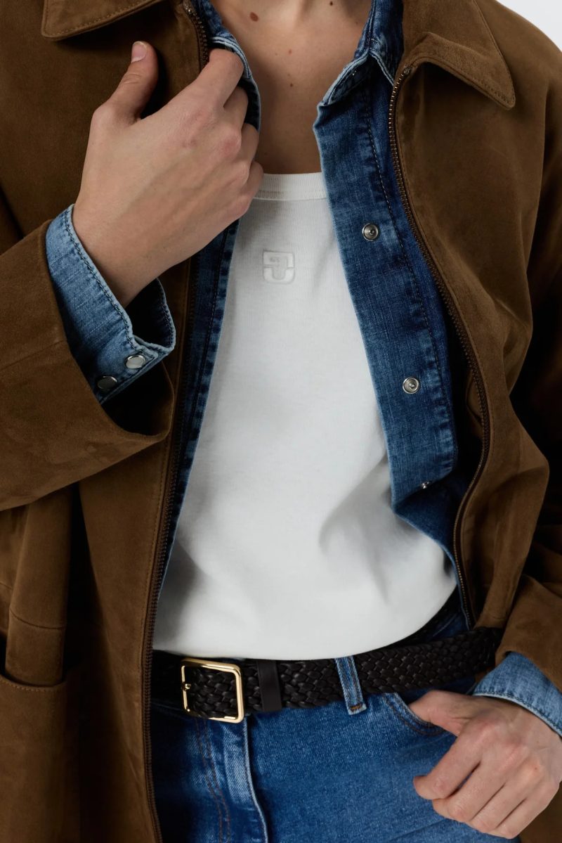 Alternative view of Palton din piele întoarsă cu fermoar camel - TILANE