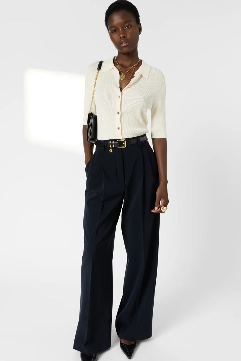 Cardigan cu guler polo cu nervuri ecru - LOUIZA