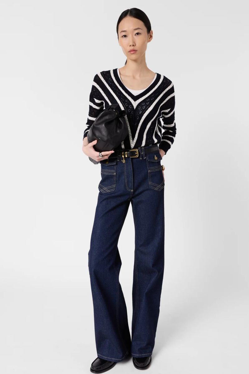 Pulover croșetat cu dungi contrastante bleumarin - LORETTA