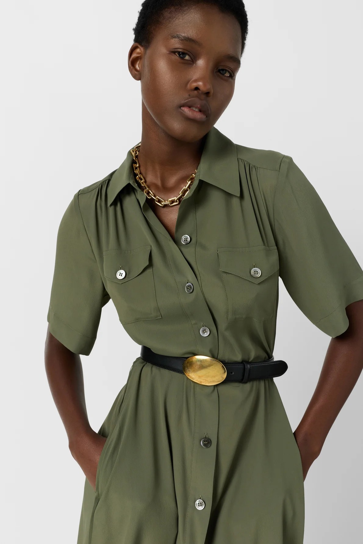 Rochie lungă tip cămașă kaki - RAINA - imagine 6