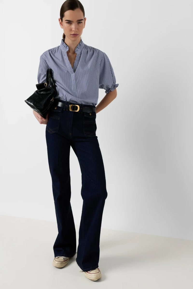 Bluză din poplin cu dungi și volane albastru - CLEE