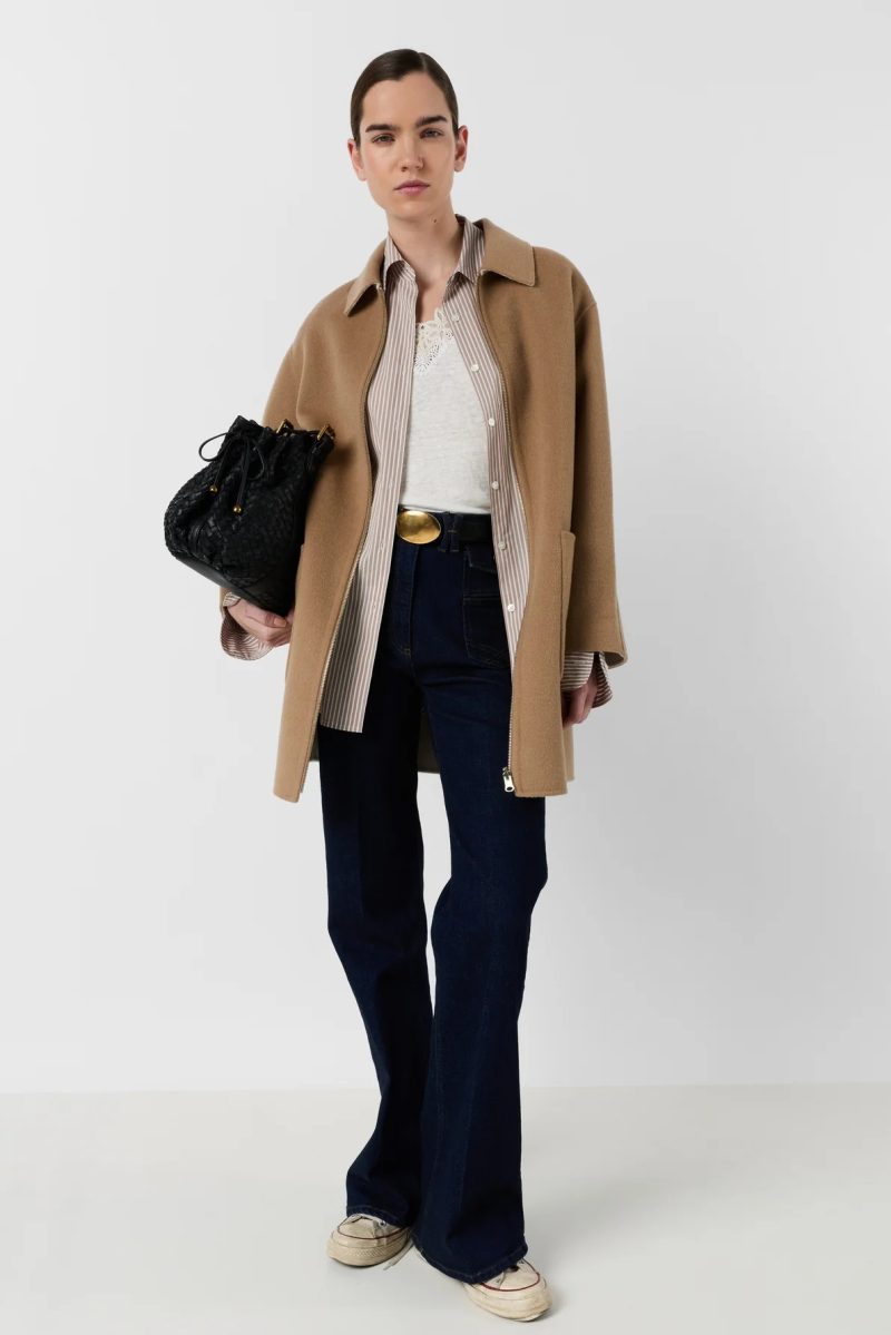 Palton reversibil din lână fină cu guler galben pai - PRISCA