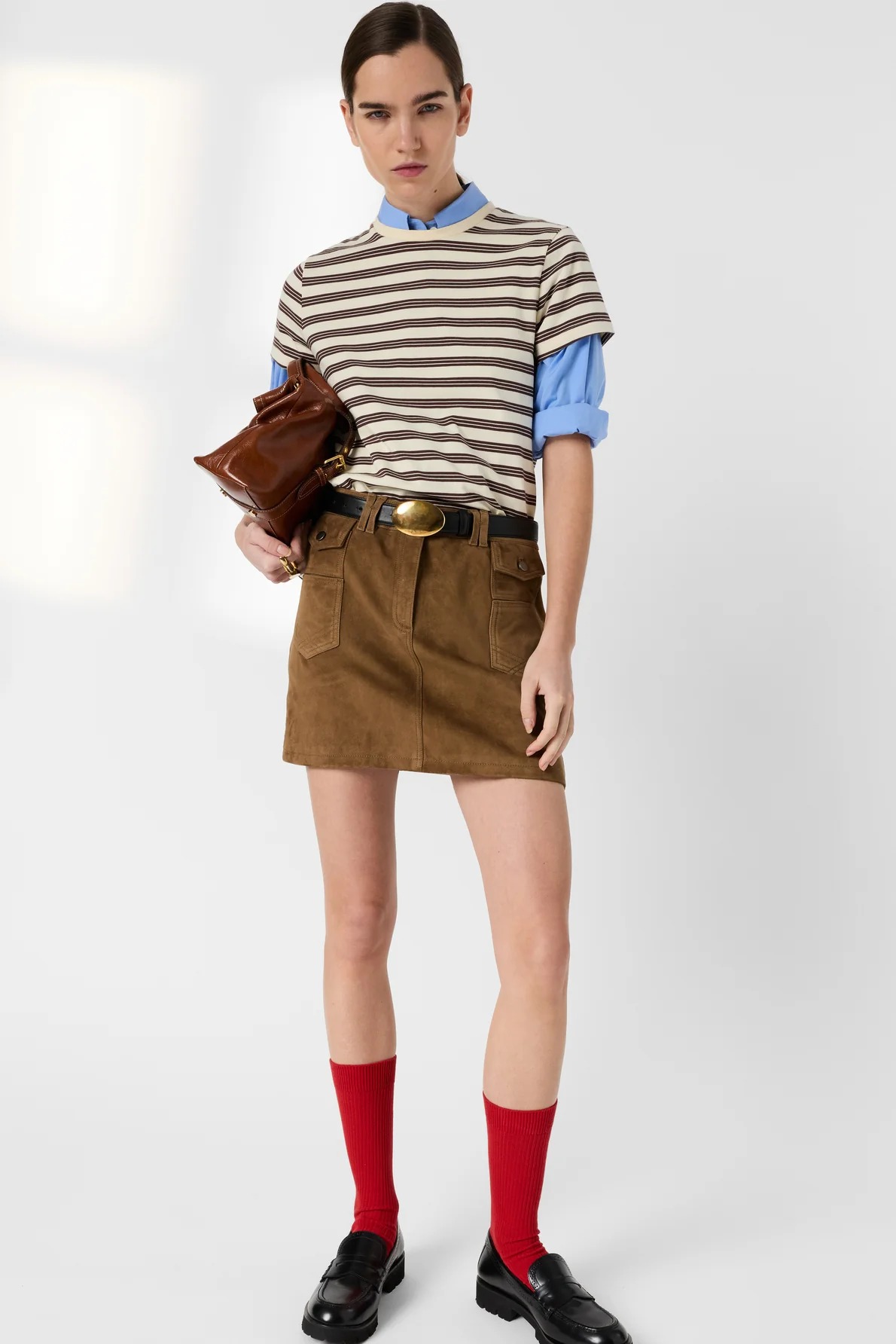 Tricou din bumbac cu dungi maro - MAYSANE
