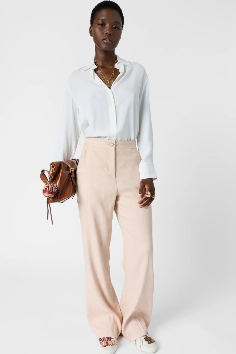 Pantaloni drepți din amestec de in nude - ALAYNA