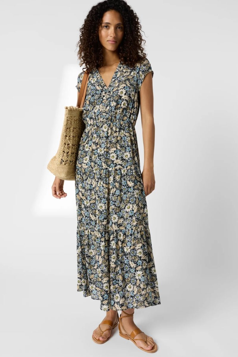 Rochie lungă, mulată, cu flori albastru - REINA