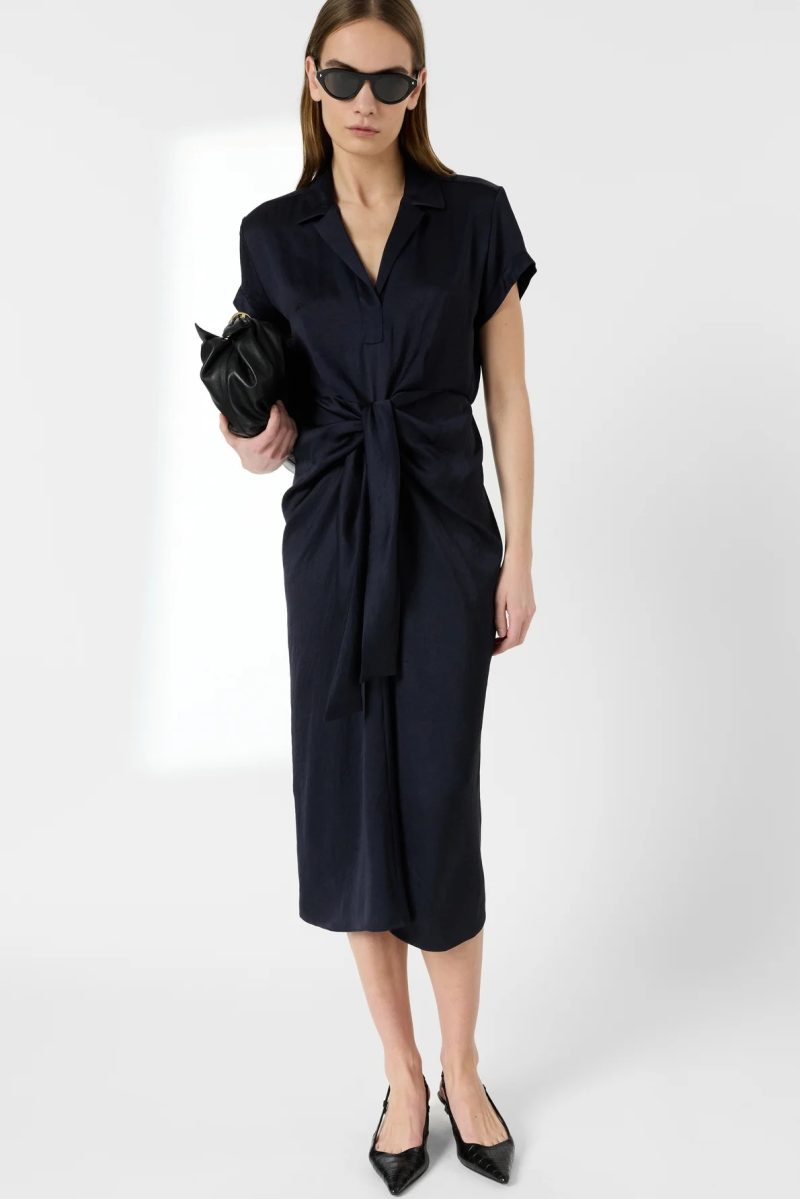 Rochie lungă fluidă cu guler cămașă bleumarin - ROSY