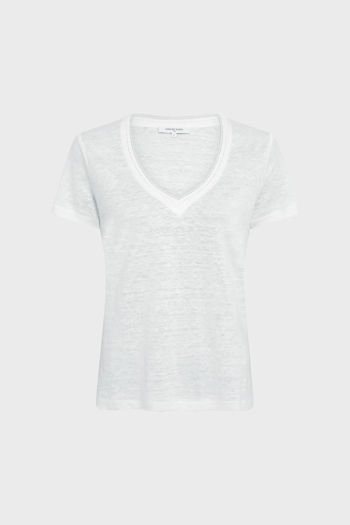 Tricou din in cu decolteu în V și lurex alb - MIRANA - imagine 2