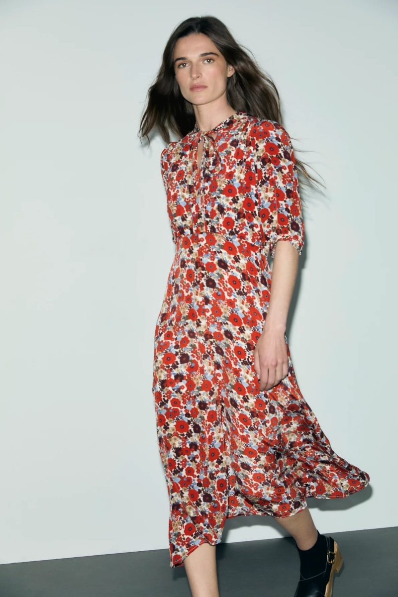 Rochie midi cu imprimeu floral și talie înaltă ecru - COCO